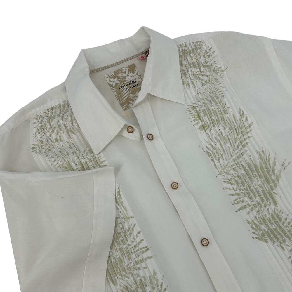 Tasso Elba Island Mens XL Linen Blend Guayabera Shirt White Palm Print Pleated